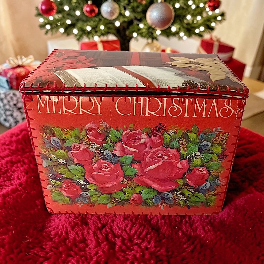 Vintage Folk Art Stitched Craft Card Box Christmas Tramp Art Kitschy Hand‎ Sewn